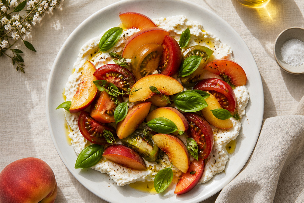 Ensalada de durazno y jitomate con queso de cabra batido